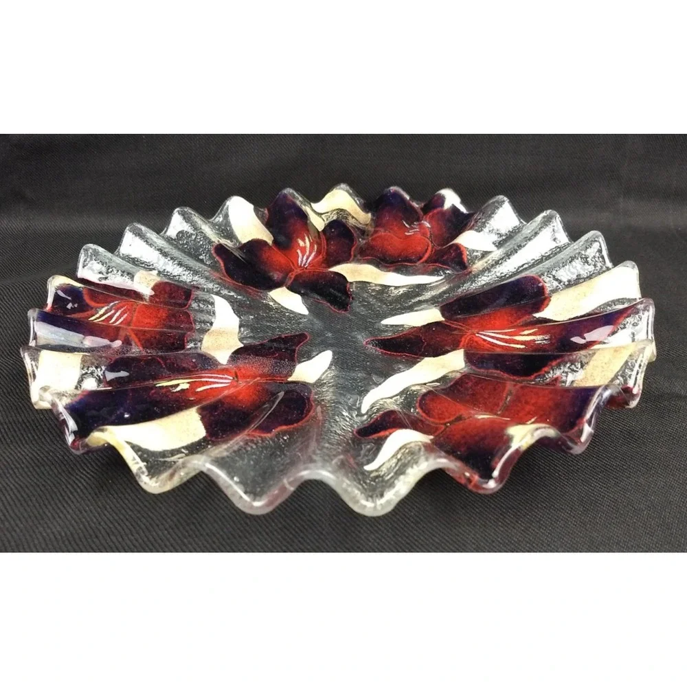Sydenstricker Art Glass Ruffled Plate Elephant Ear Orchid Purple Red Wavy Signed